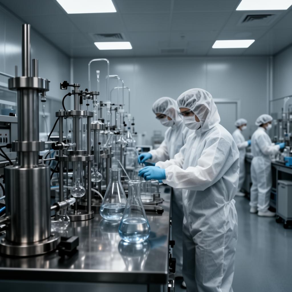 Scientists working inside a pharmaceutical cleanroom facility