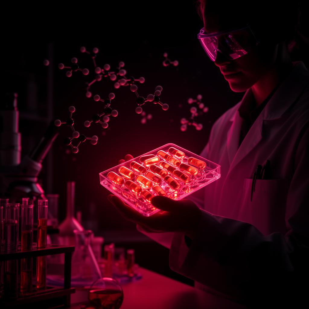 Pharmaceutical scientist holding a tray of capsules